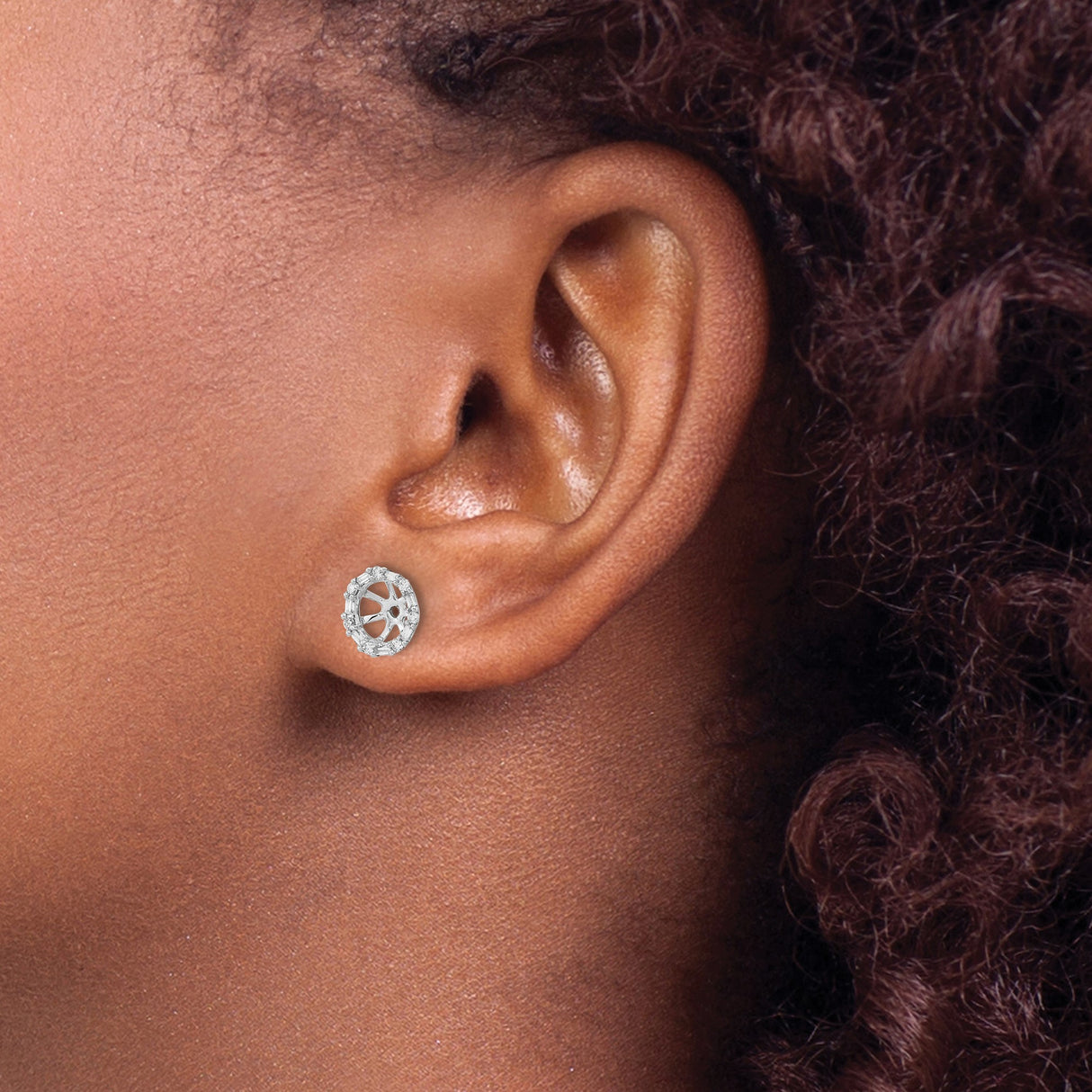 10k White Gold Earring Jackets, Floral Openwork Design with Round and Baguette Cubic Zirconia