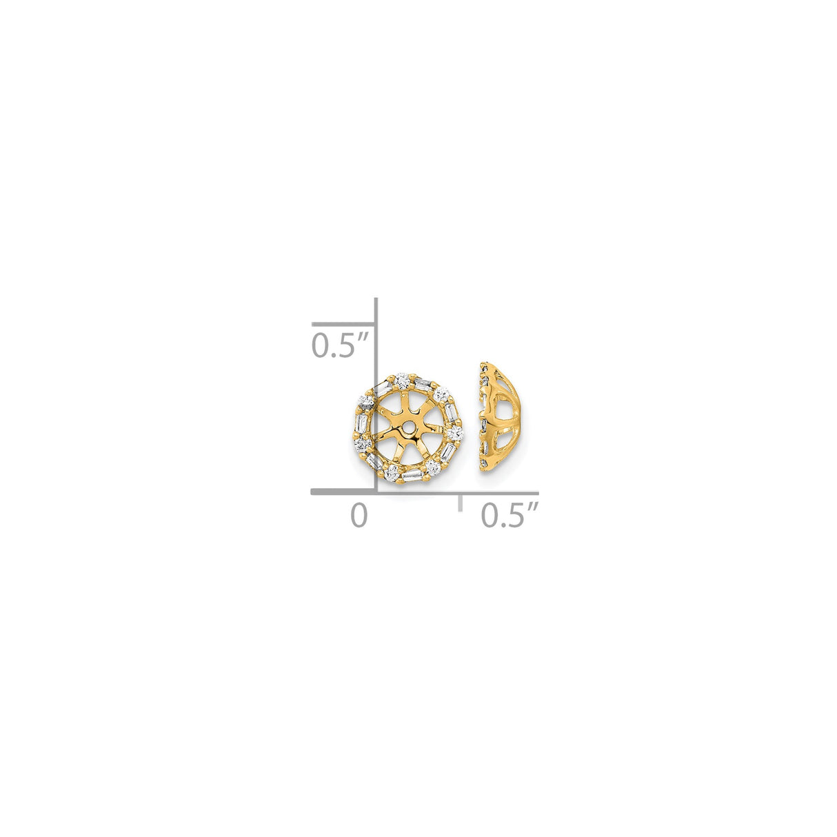 14k Yellow Gold Stud Earrings with Diamond Baguette and Round Stones, Sunburst Dharma Wheel Design