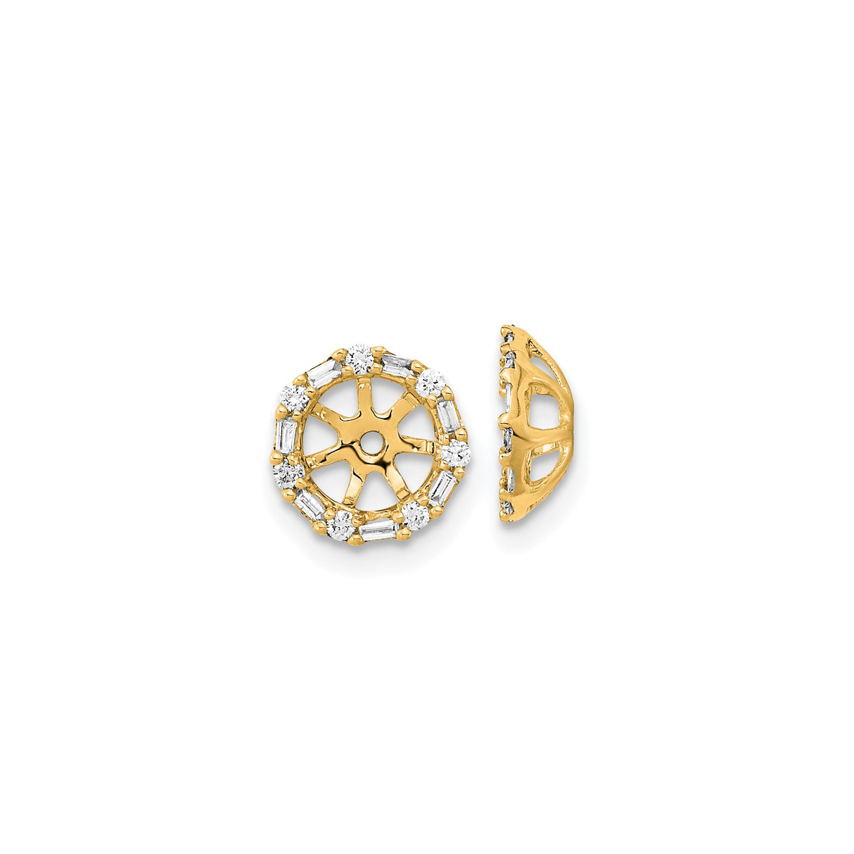 14k Yellow Gold Stud Earrings with Diamond Baguette and Round Stones, Sunburst Dharma Wheel Design