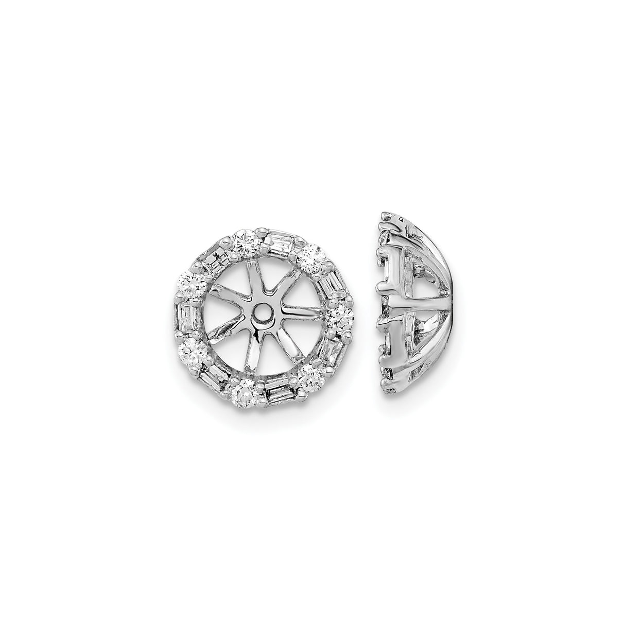 10k White Gold Earring Jackets with Cubic Zirconia, Sunburst Round and Baguette Design