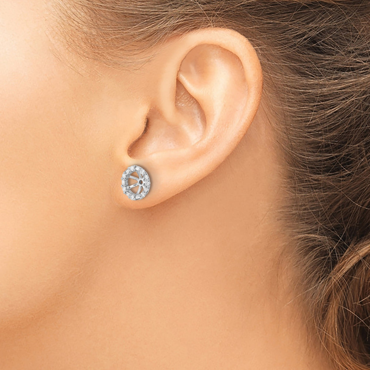 14k White Gold Circle Stud Earrings with Diamond Accents, Wheel Design Symbolizing Unity