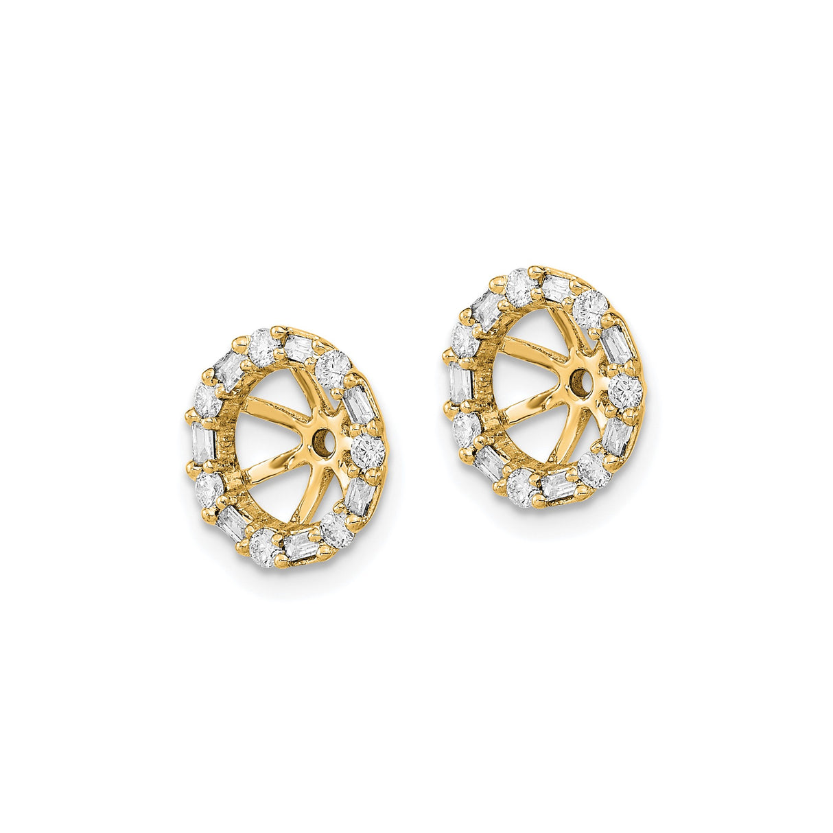 14k Yellow Gold Stud Earrings with Baguette and Round Diamonds, Modern Halo Circle Design