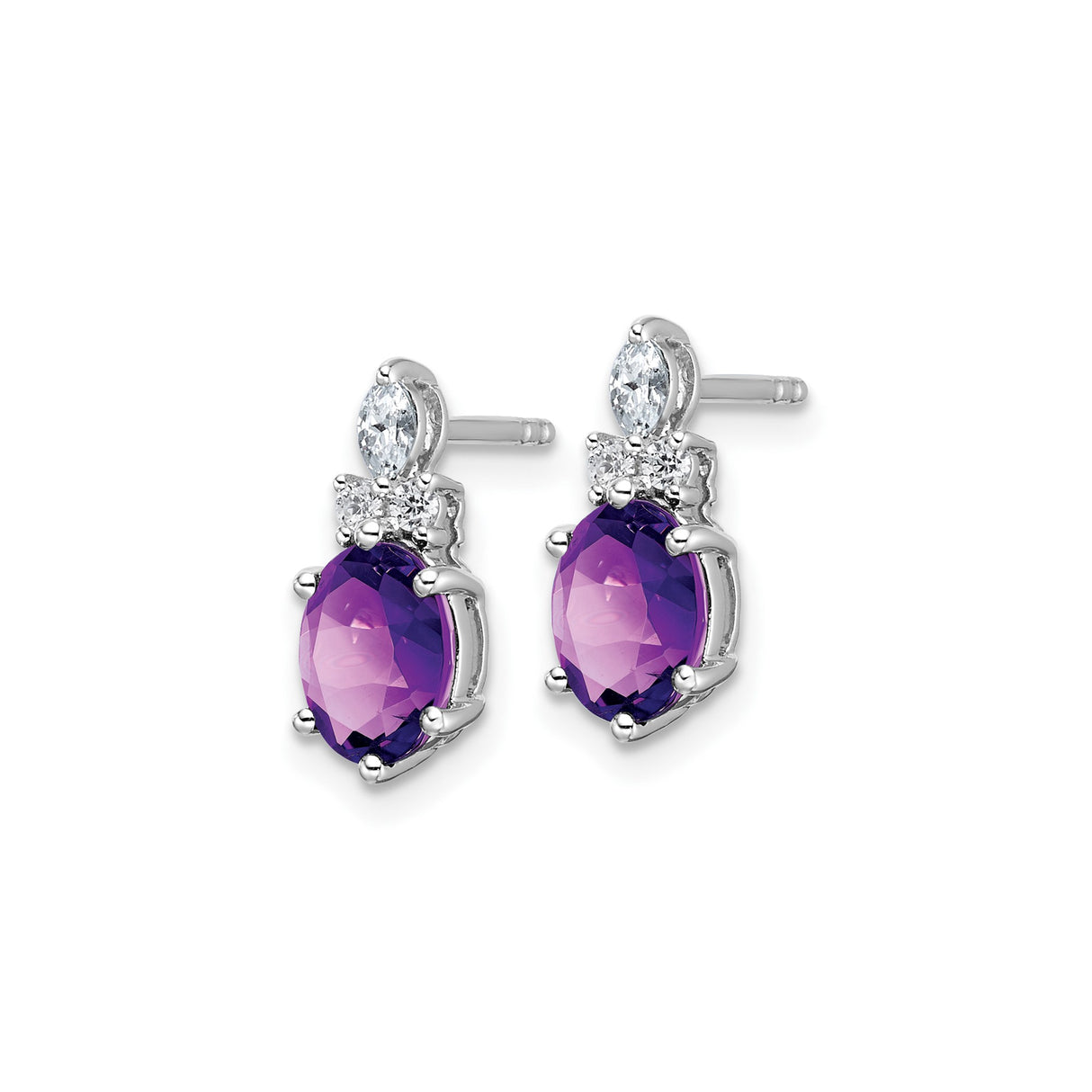14k White Gold Stud Earrings with Oval Amethyst, Marquise and Round Diamonds, February Birthstone