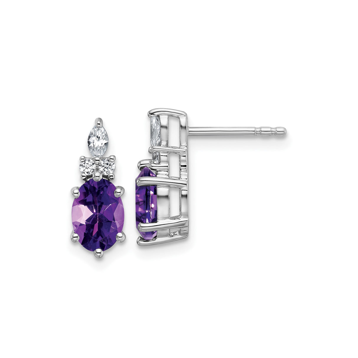 14k White Gold Stud Earrings with Oval Amethyst, Marquise and Round Diamonds, February Birthstone