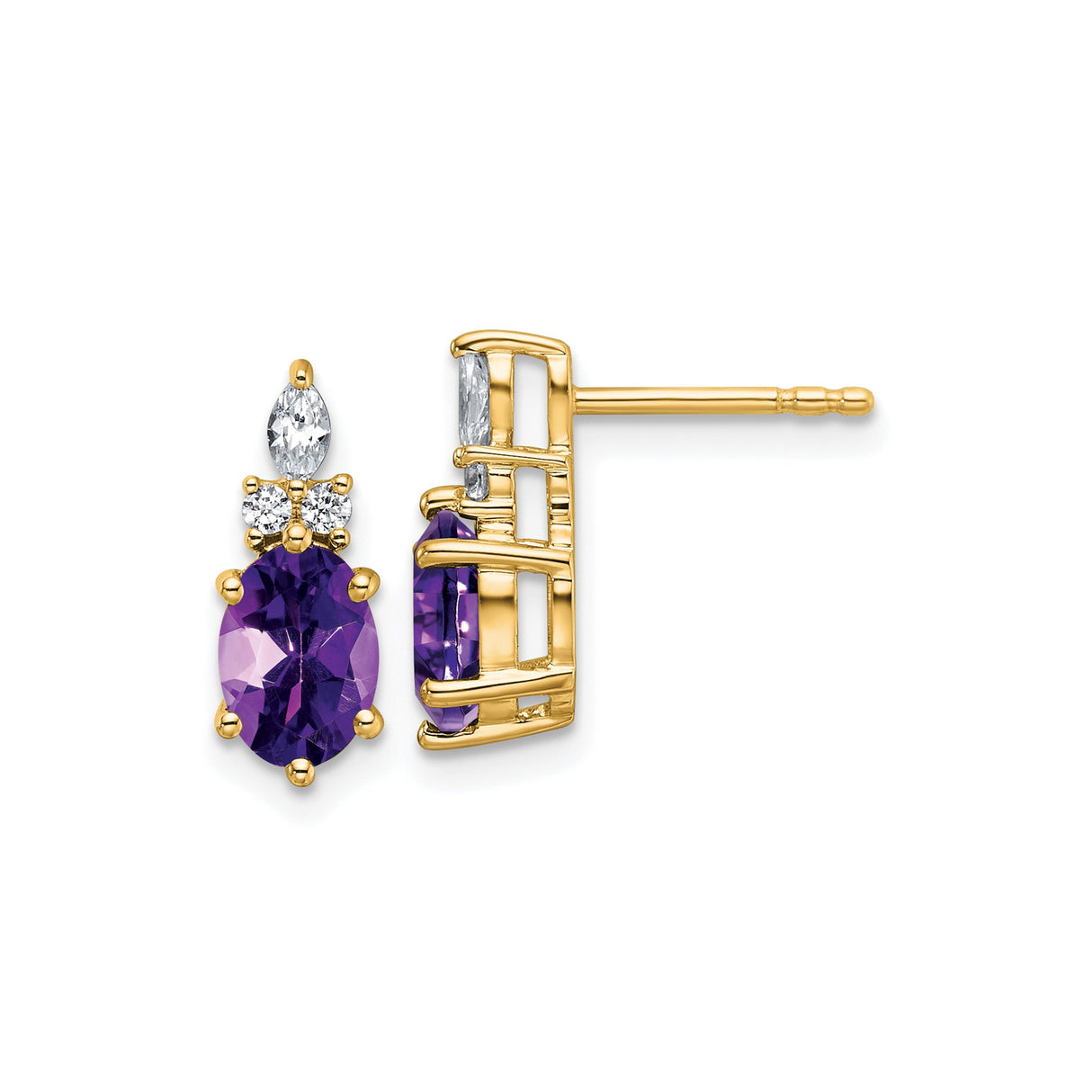 14k Yellow Gold Amethyst Stud Earrings with Marquise and Round Cubic Zirconia Accents