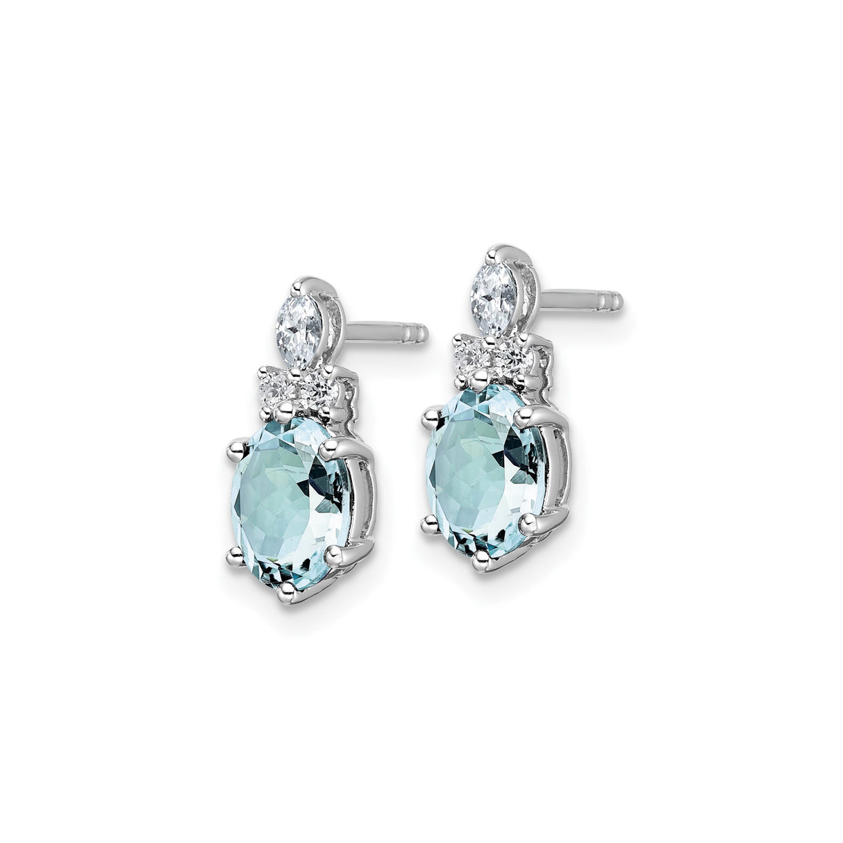14k White Gold Stud Earrings with Oval Aquamarine and Marquise Diamond Accents