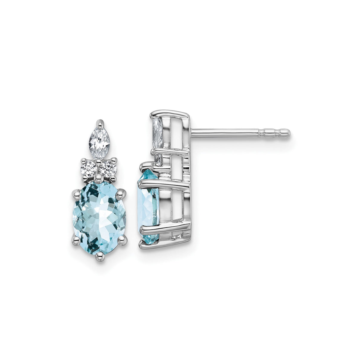 14k White Gold Stud Earrings with Oval Aquamarine and Marquise Diamond Accents