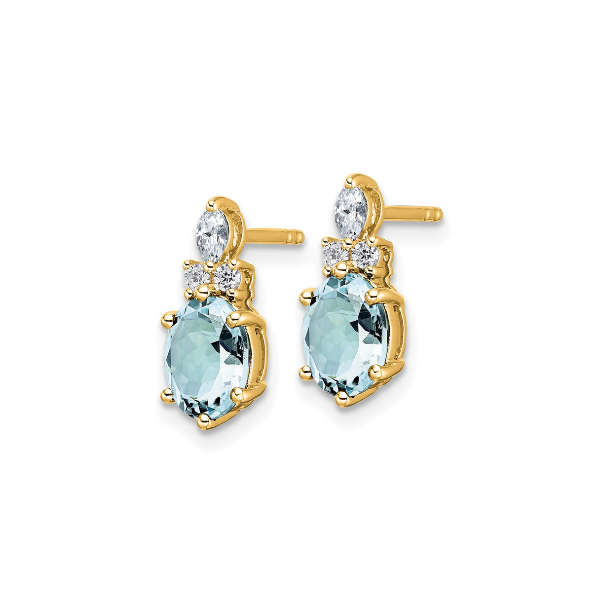 14k Yellow Gold Stud Earrings with Aquamarine and Diamond, Oval and Marquise Gemstone Design