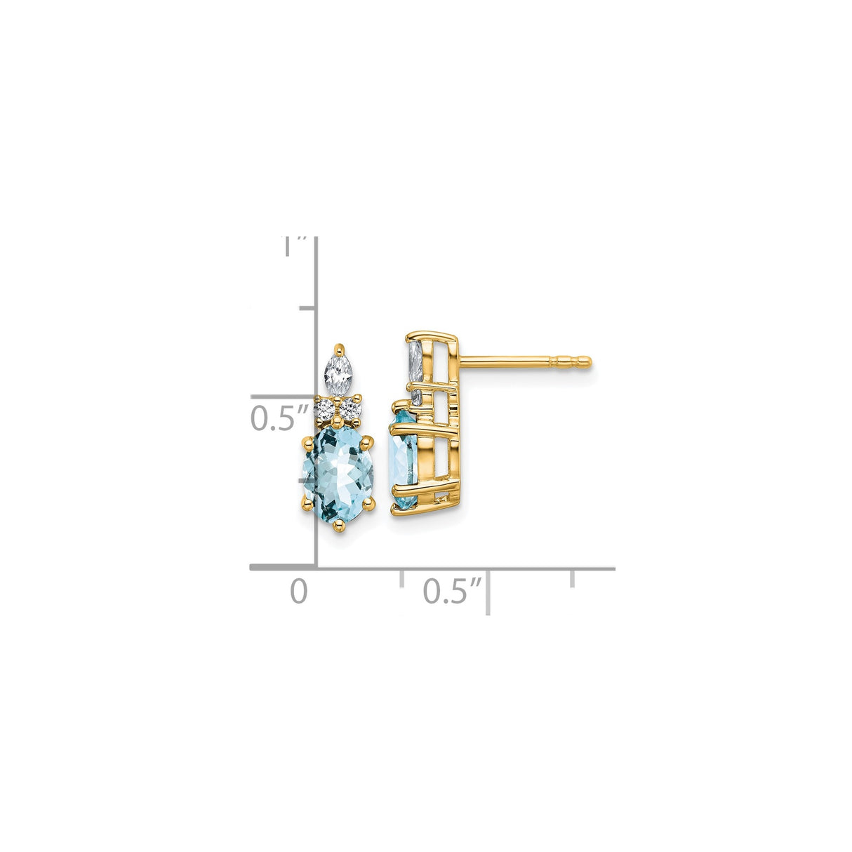 14k Yellow Gold Stud Earrings with Aquamarine and Diamond, Oval and Marquise Gemstone Design