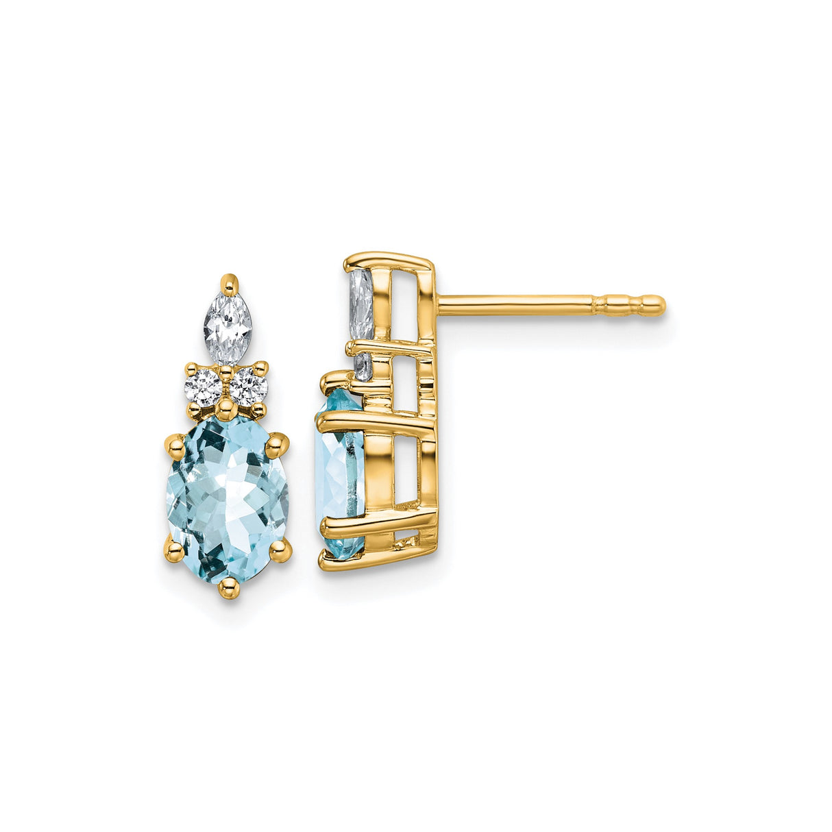 14k Yellow Gold Stud Earrings with Aquamarine and Diamond, Oval and Marquise Gemstone Design