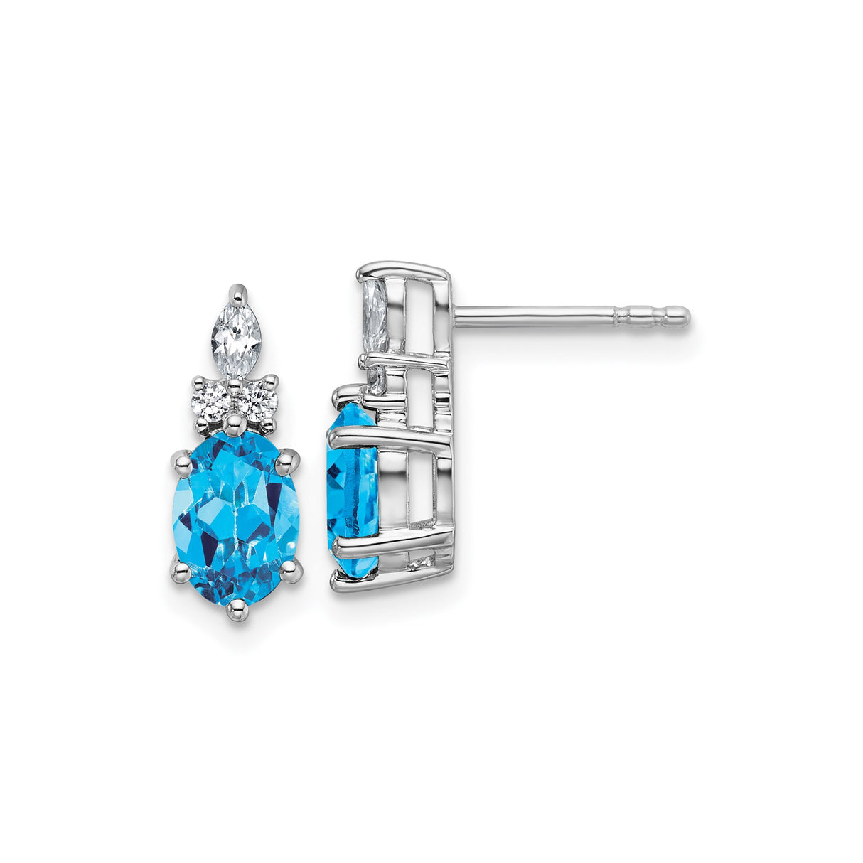 14k White Gold Stud Earrings with Oval Blue Topaz and Diamond Accents