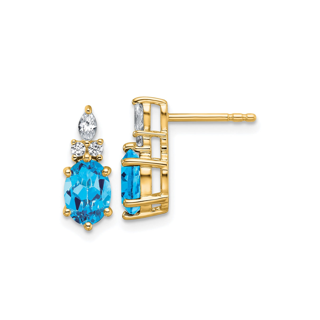 14k Yellow Gold Stud Earrings with Oval Blue Topaz and Diamond Accents