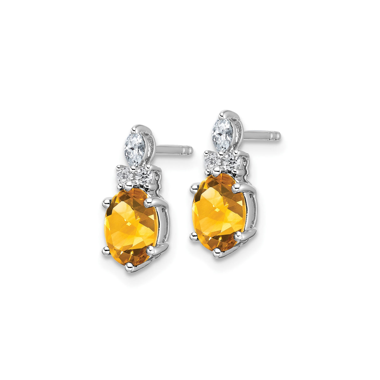 14k White Gold Citrine Stud Earrings with Diamond Accents, November Birthstone Jewelry
