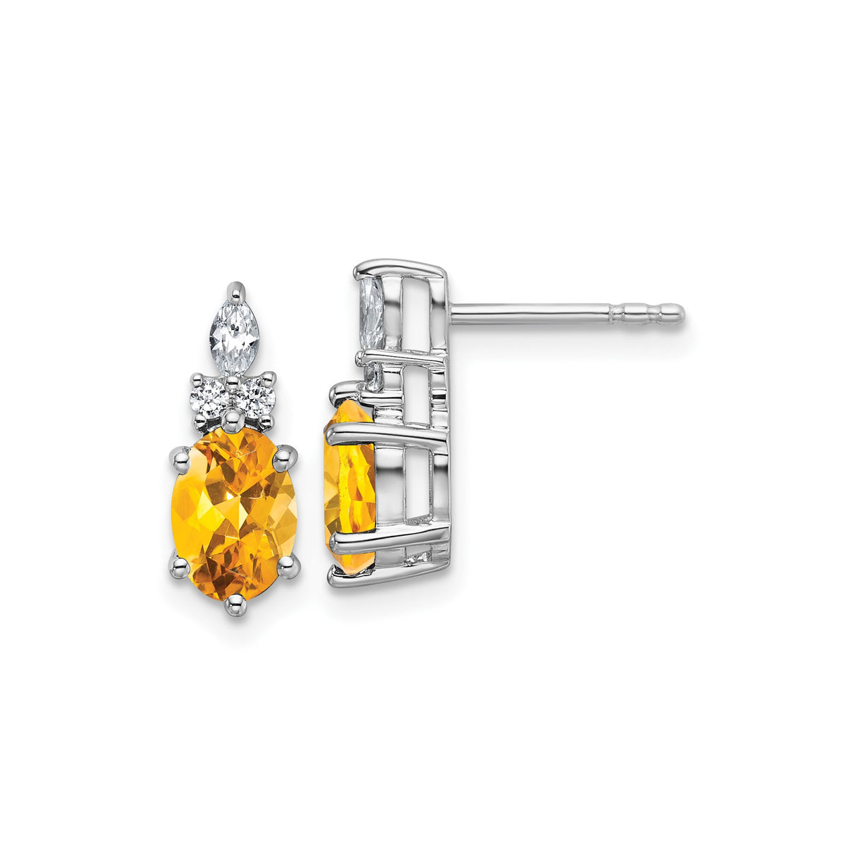 14k White Gold Citrine Stud Earrings with Diamond Accents, November Birthstone Jewelry