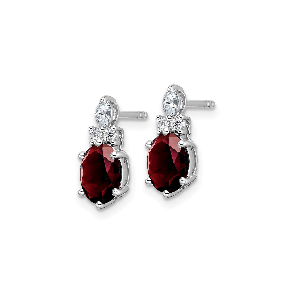 14k White Gold Garnet Stud Earrings with Diamonds, Oval and Marquise Gemstone Design