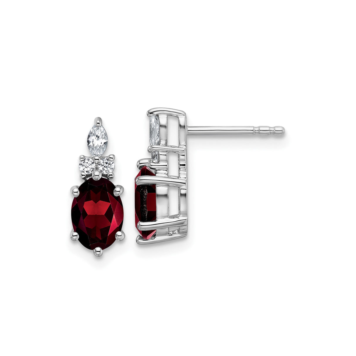14k White Gold Garnet Stud Earrings with Diamonds, Oval and Marquise Gemstone Design