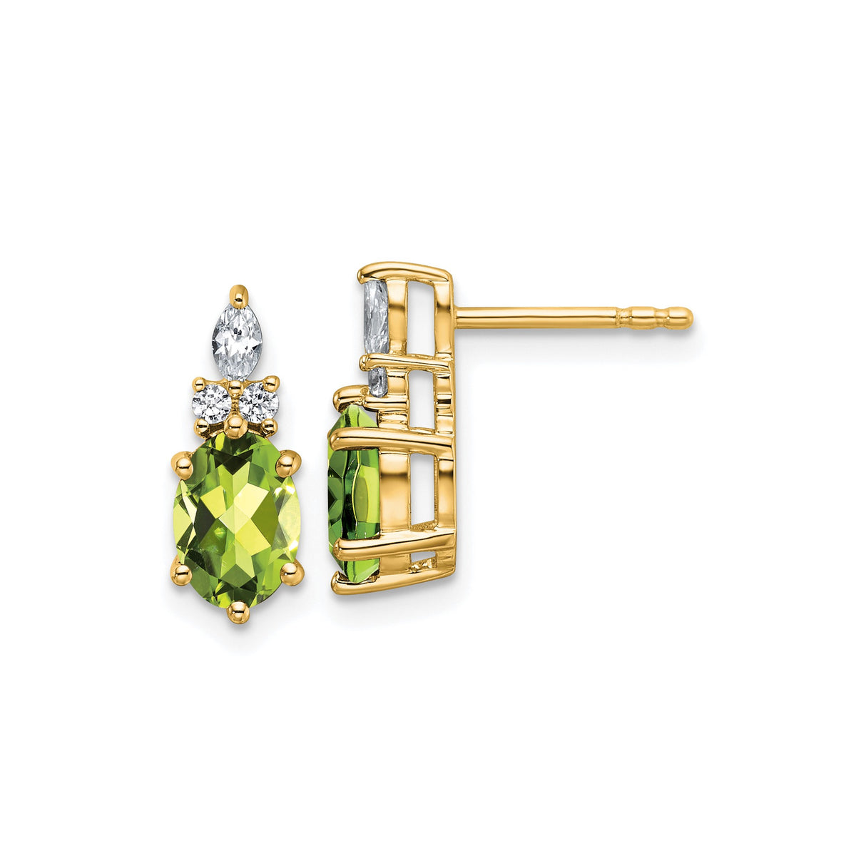 14k Yellow Gold Stud Earrings with Oval Peridot and Diamond Accents, Vertical Drop Design