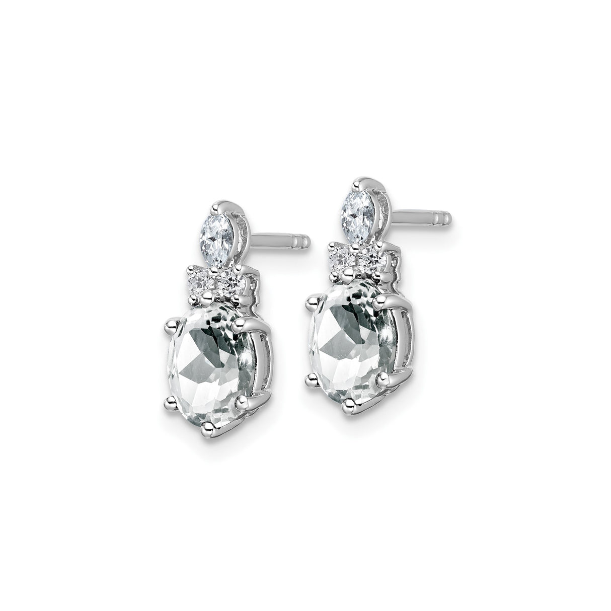14k White Gold Earrings with White Topaz and Diamond, Oval Marquise Round Drop Design