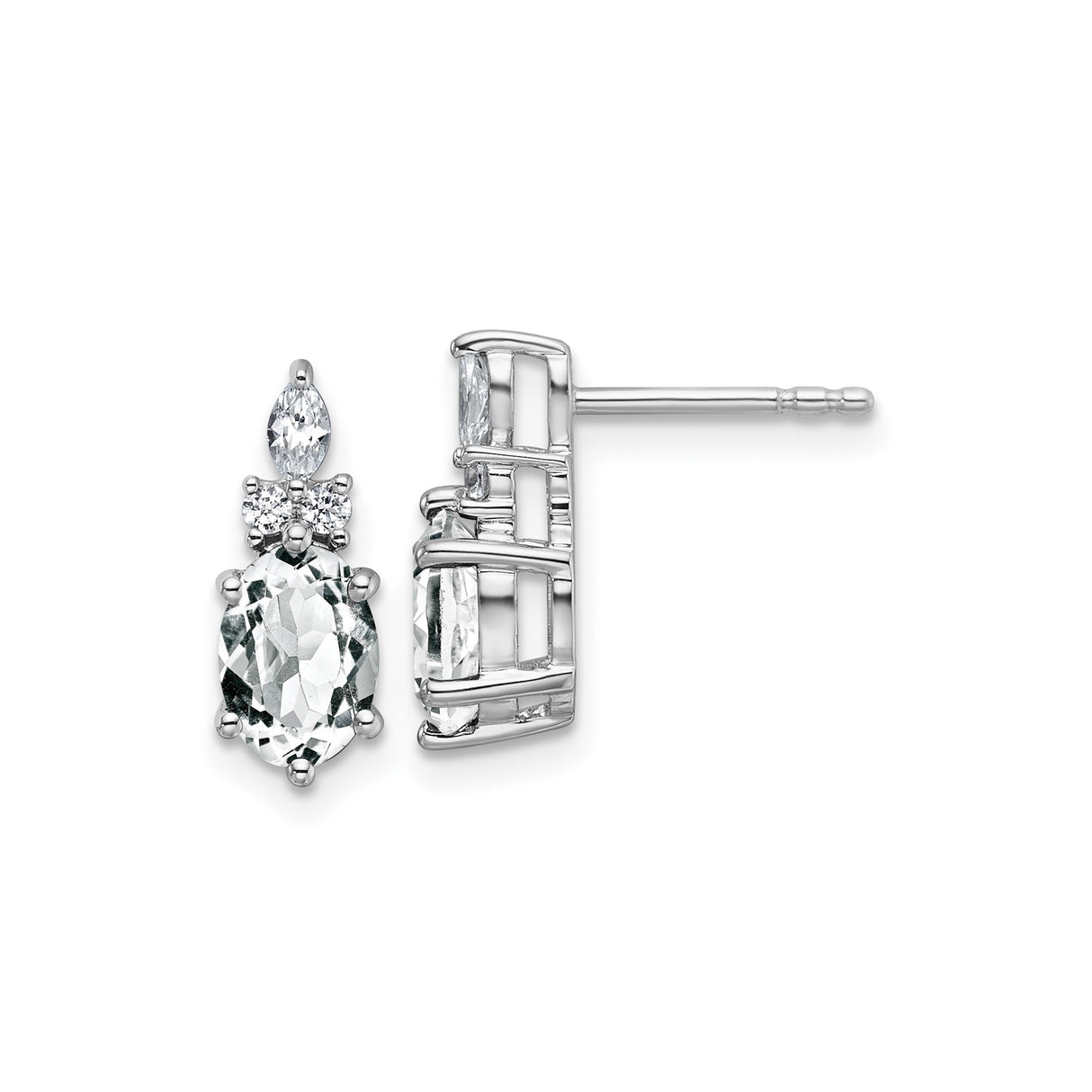 14k White Gold Earrings with White Topaz and Diamond, Oval Marquise Round Drop Design