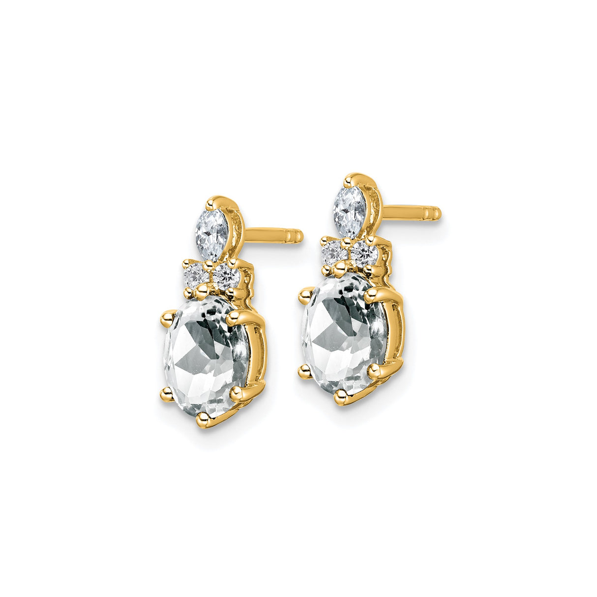 14k Yellow Gold Stud Earrings with White Topaz and Diamond, Triple Gemstone Design