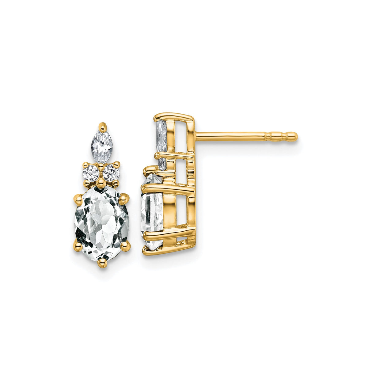 14k Yellow Gold Stud Earrings with White Topaz and Diamond, Triple Gemstone Design