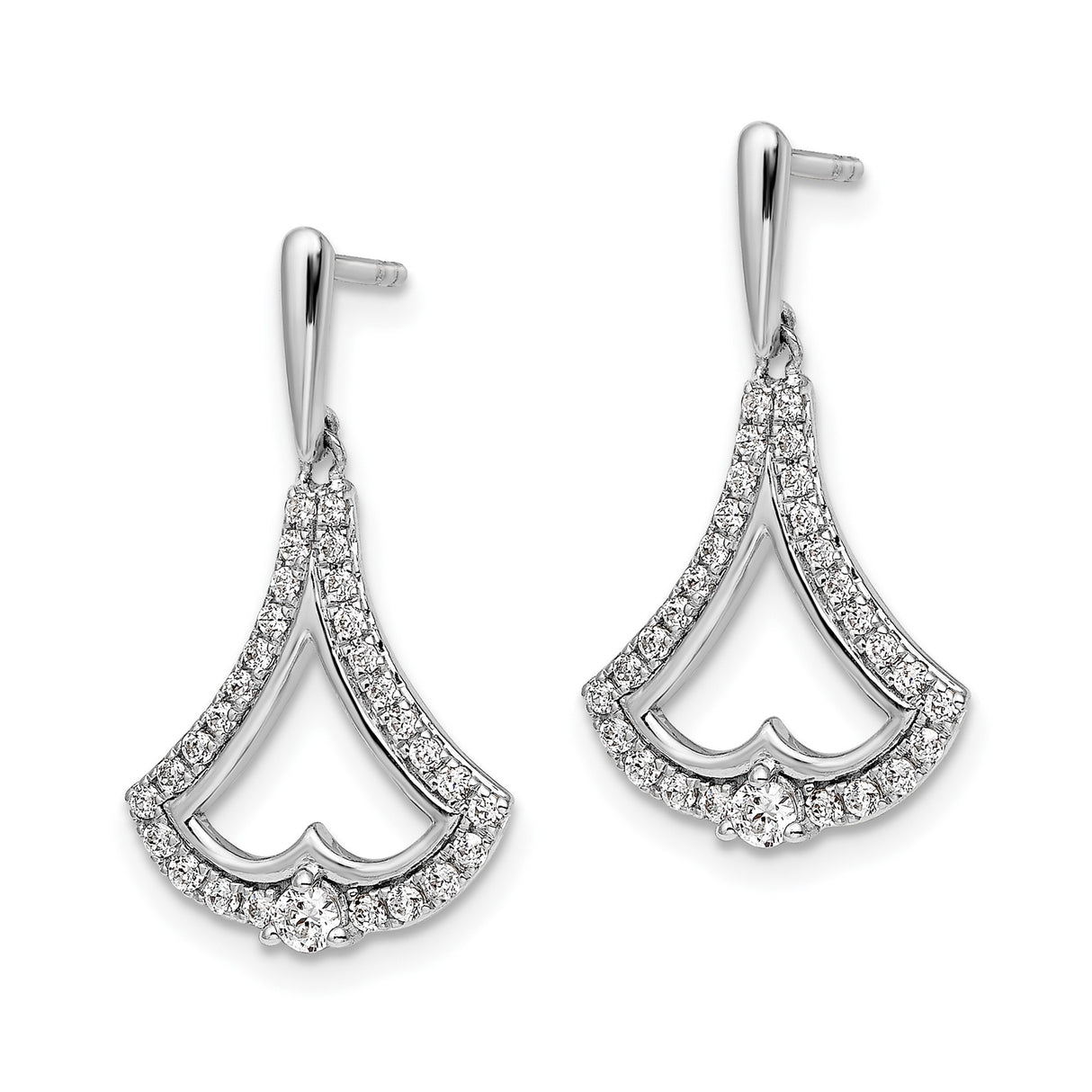 14k White Gold Dangle Earrings with Diamonds, Fan Design, Open Shape Drop Style
