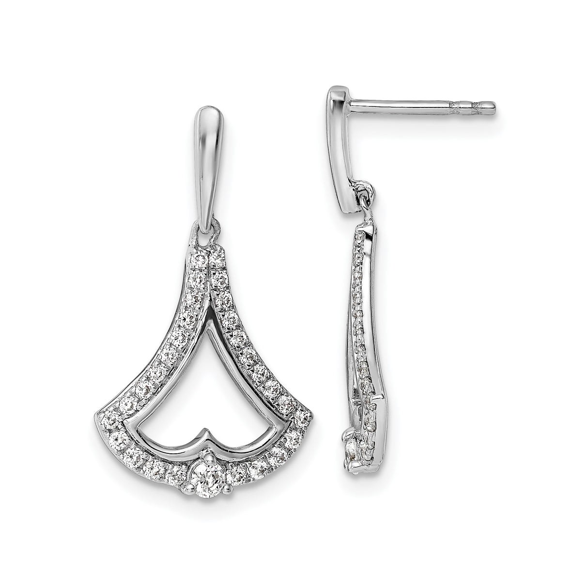 14k White Gold Dangle Earrings with Diamonds, Fan Design, Open Shape Drop Style