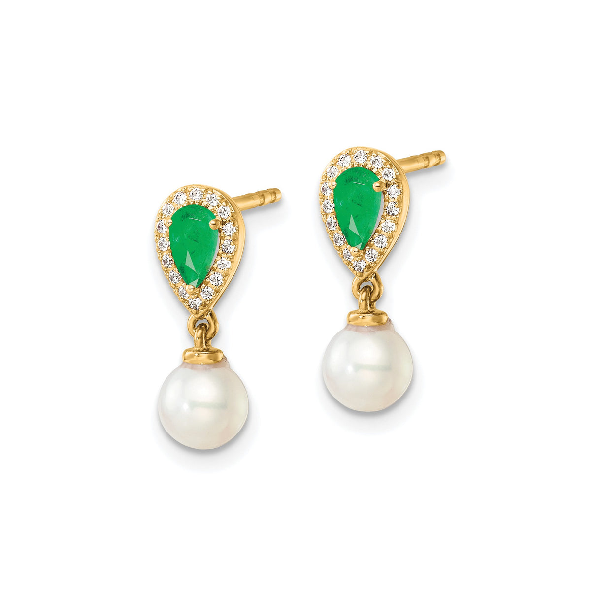 14k Yellow Gold Drop Earrings with Emerald Center and Hanging Pearl, Classic Formal Style