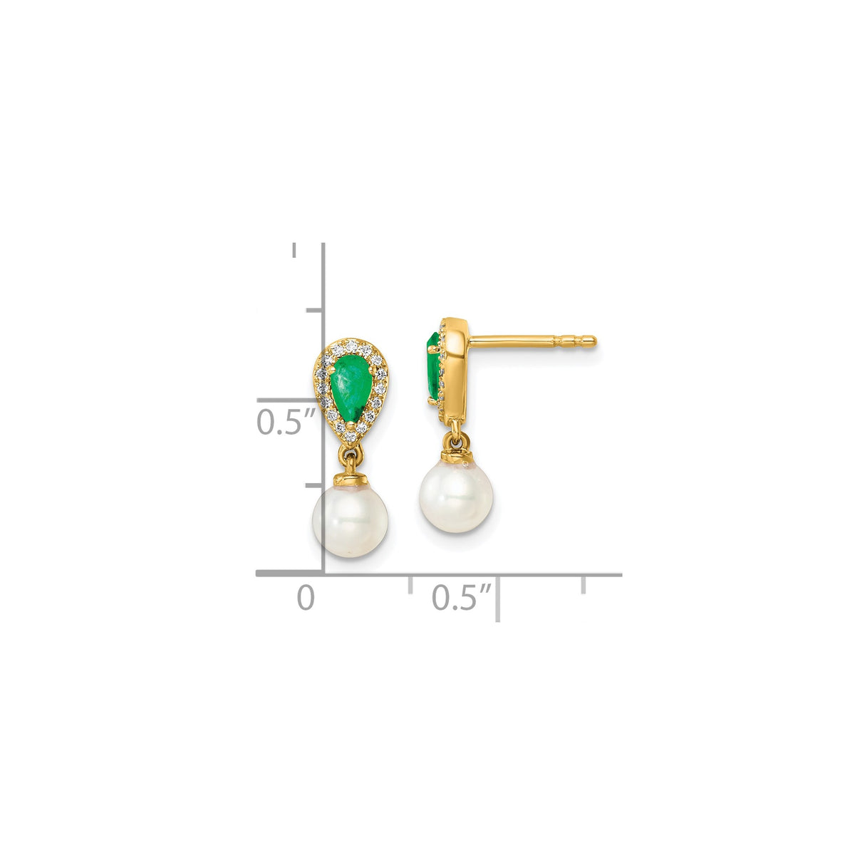 14k Yellow Gold Drop Earrings with Emerald Center and Hanging Pearl, Classic Formal Style