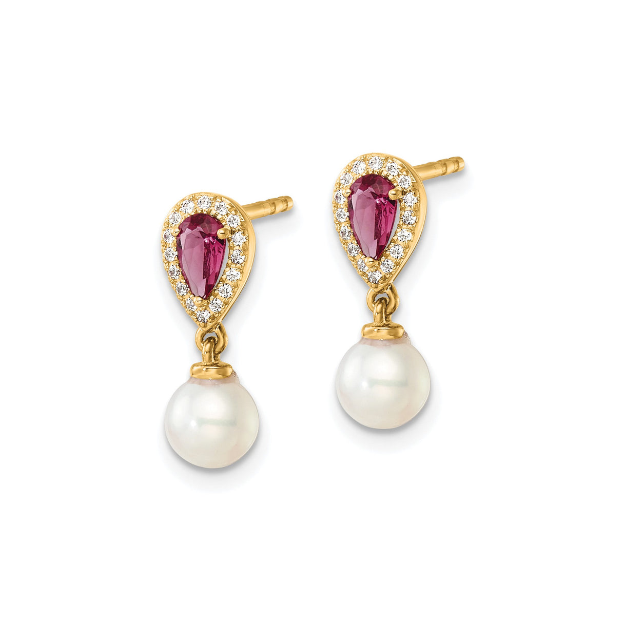 14k Yellow Gold Drop Earrings with Pear-Shaped Ruby, White Accents, and Pearl Dangles