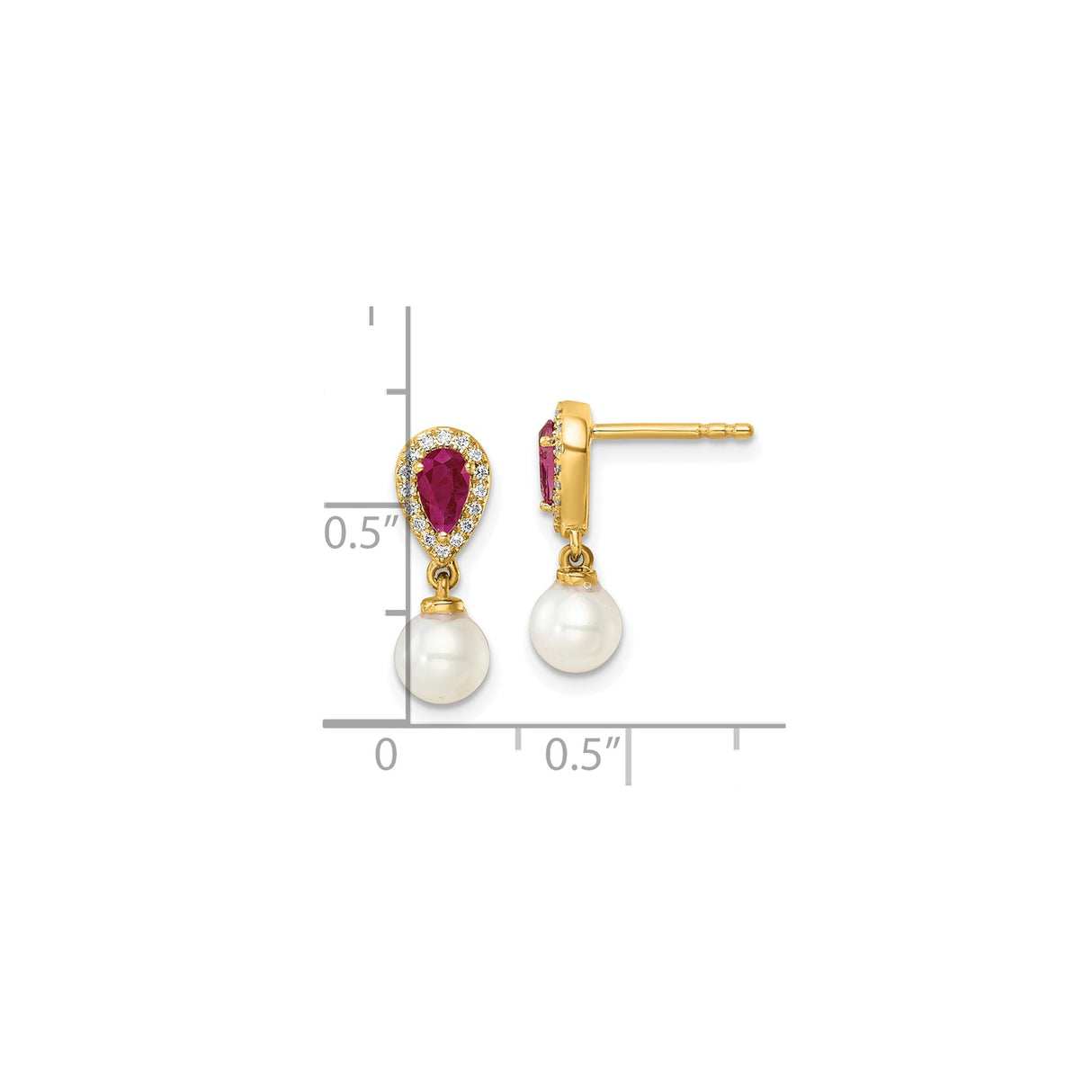 14k Yellow Gold Drop Earrings with Pear-Shaped Ruby, White Accents, and Pearl Dangles