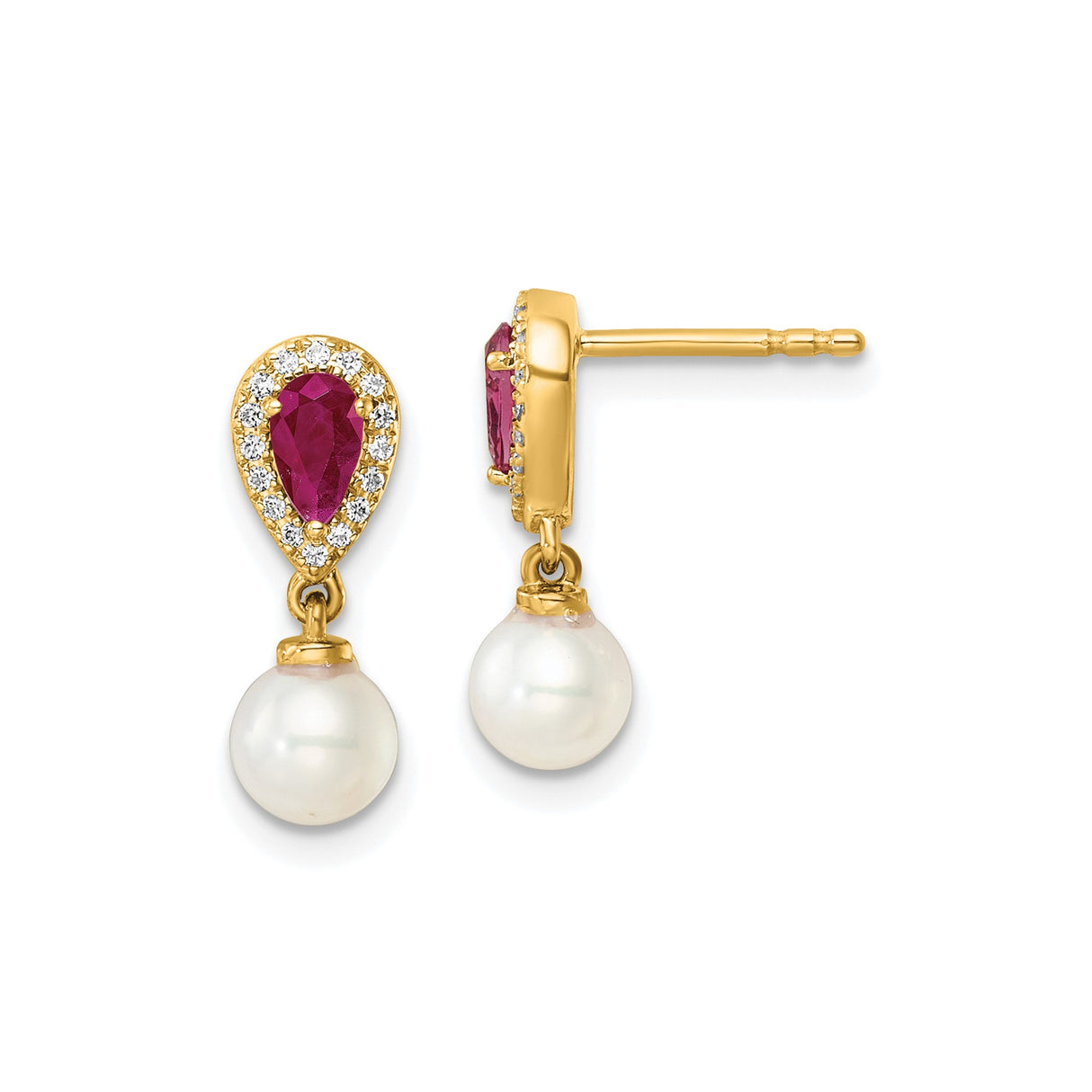 14k Yellow Gold Drop Earrings with Pear-Shaped Ruby, White Accents, and Pearl Dangles