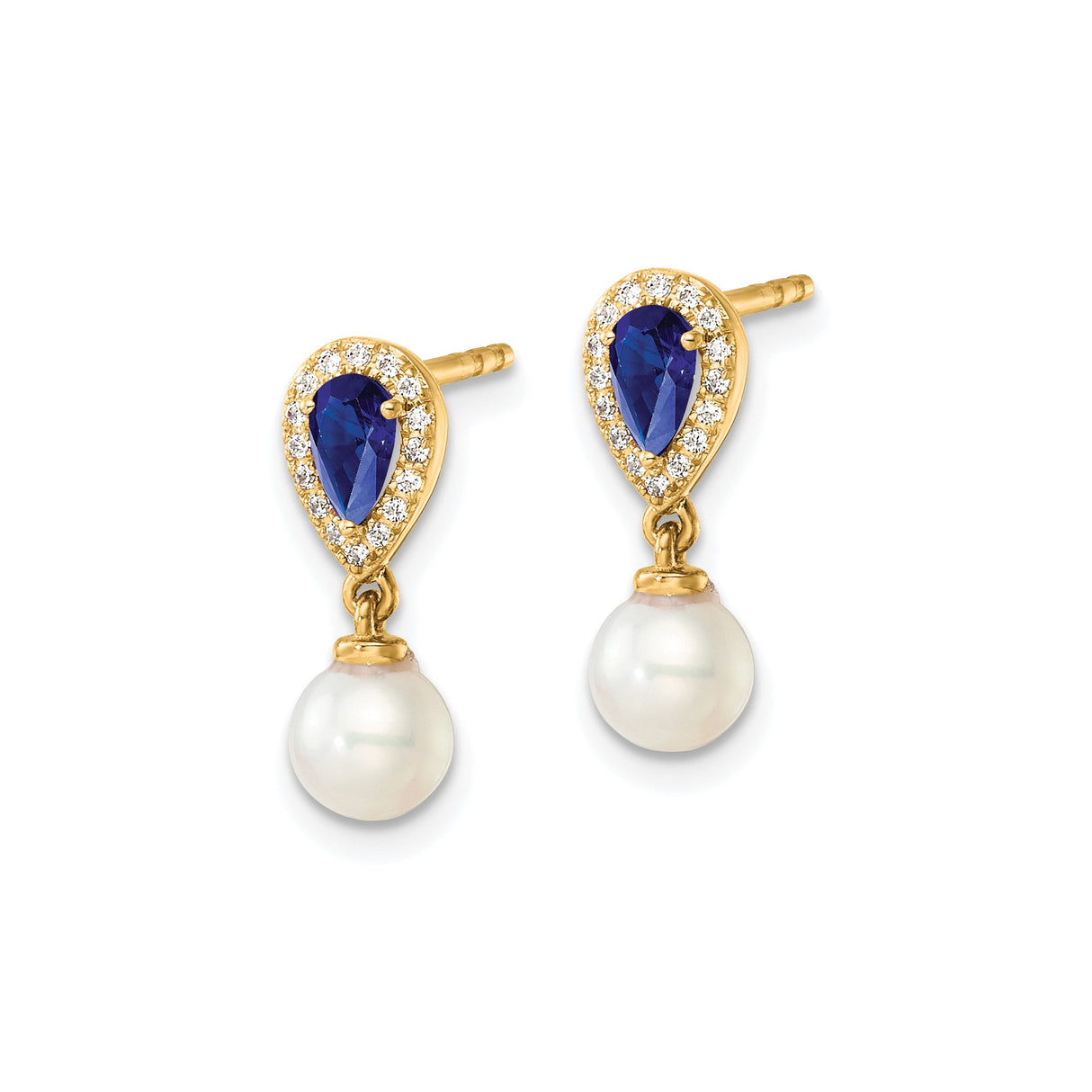 14k Yellow Gold Dangle Earrings with Blue Sapphire, Pearl Accents, Cubic Zirconia Halo