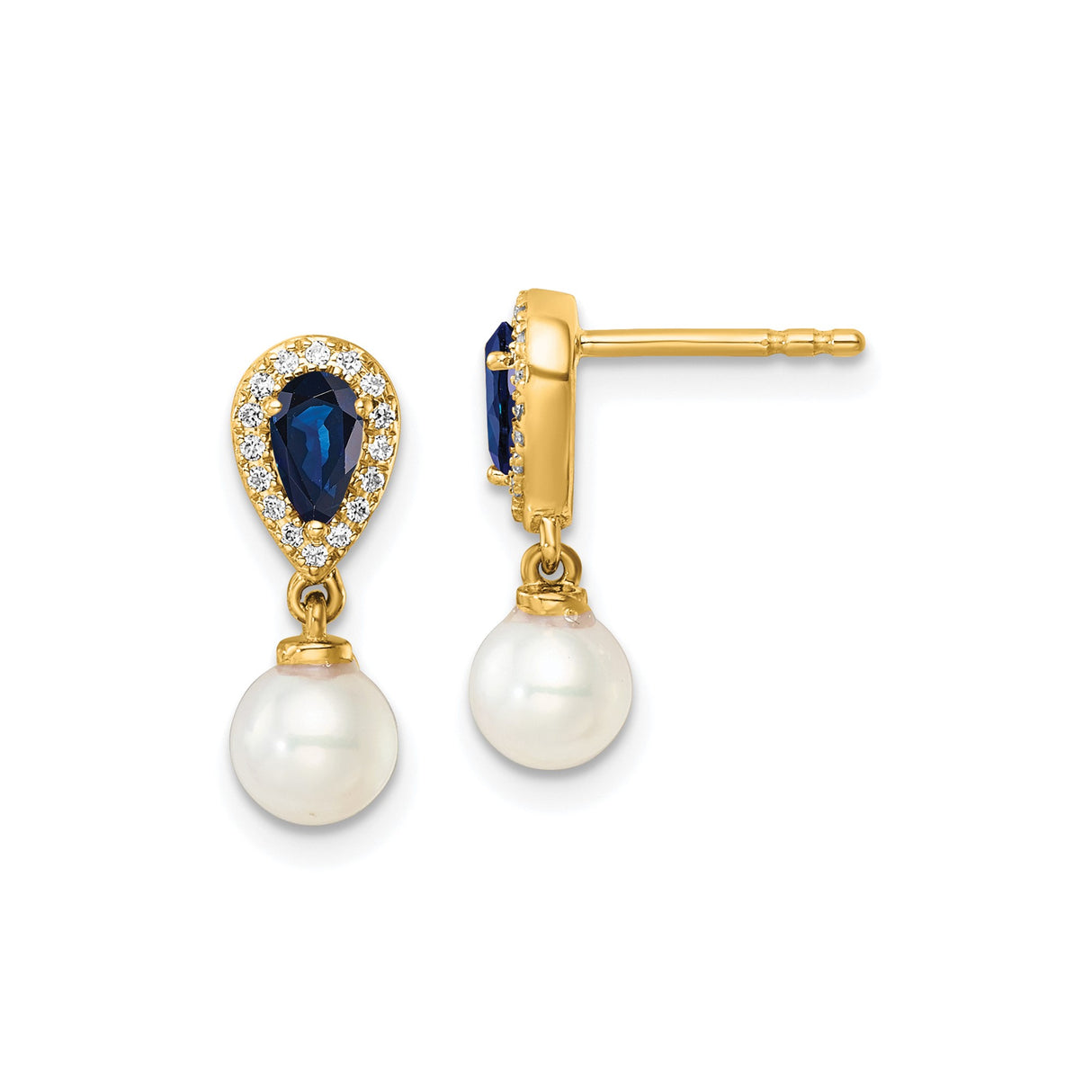 14k Yellow Gold Dangle Earrings with Blue Sapphire, Pearl Accents, Cubic Zirconia Halo