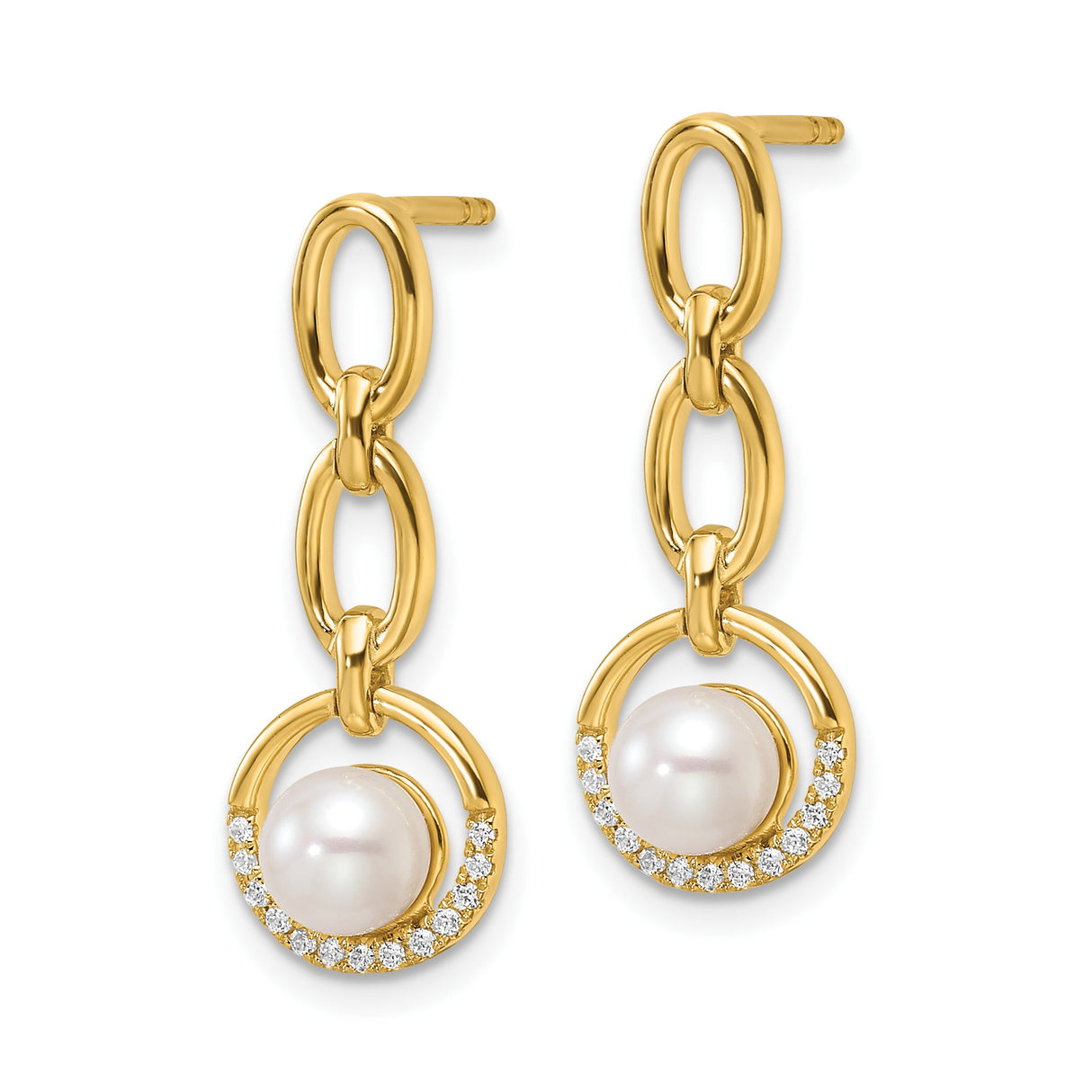 14k Yellow Gold Dangle Earrings with Cultured White Pearl and Diamond Pavé Open Circle Design