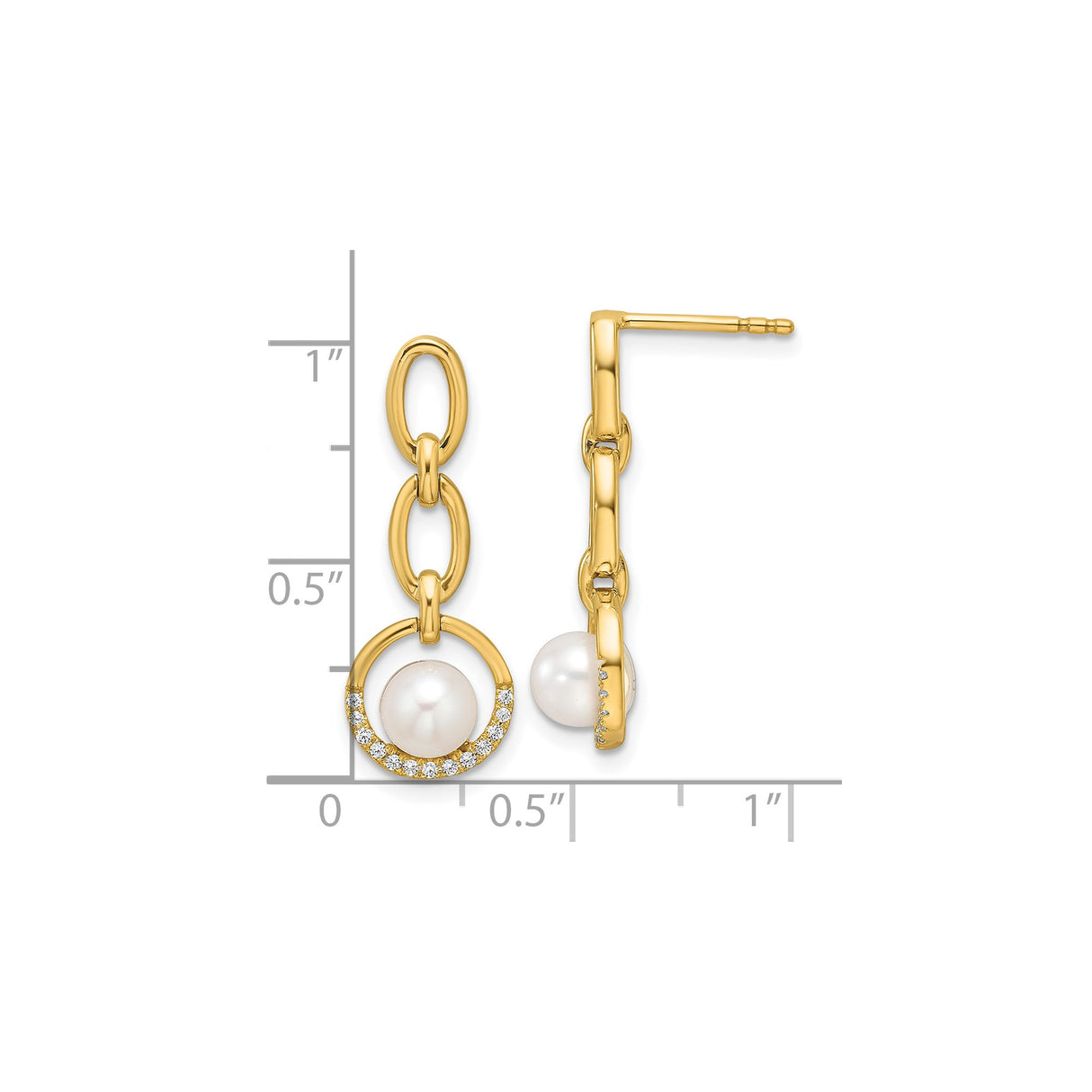 14k Yellow Gold Dangle Earrings with Cultured White Pearl and Diamond Pavé Open Circle Design