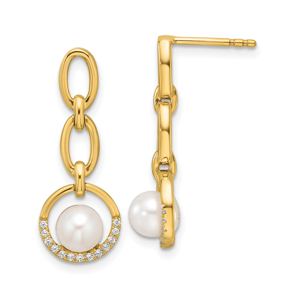 14k Yellow Gold Dangle Earrings with Cultured White Pearl and Diamond Pavé Open Circle Design