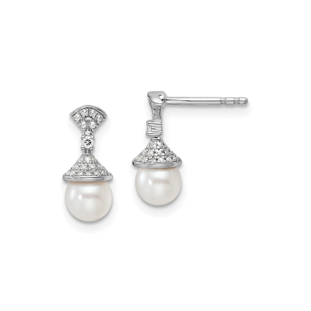 14k White Gold Drop Earrings with Pearl and Diamond, Classic Bridal Jewelry