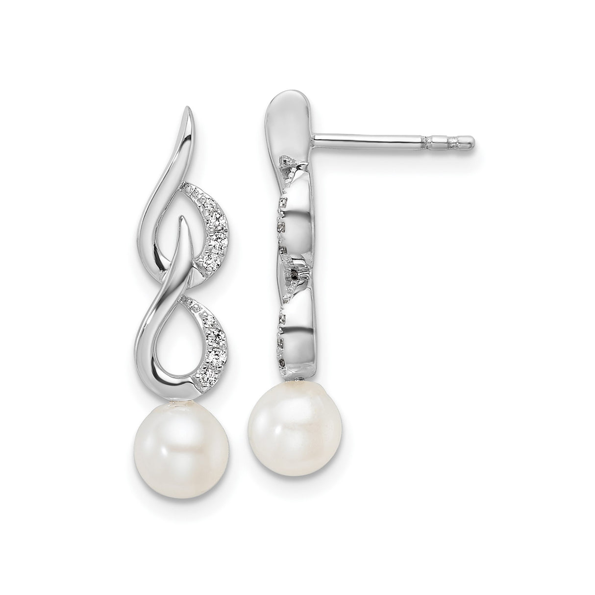 14k White Gold Drop Earrings with Cultured Pearl, Diamond Accents, Twisted Infinity Design