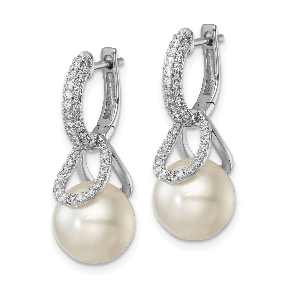 14k White Gold Dangle Earrings with White Pearls and Pavé Diamonds, Teardrop Design