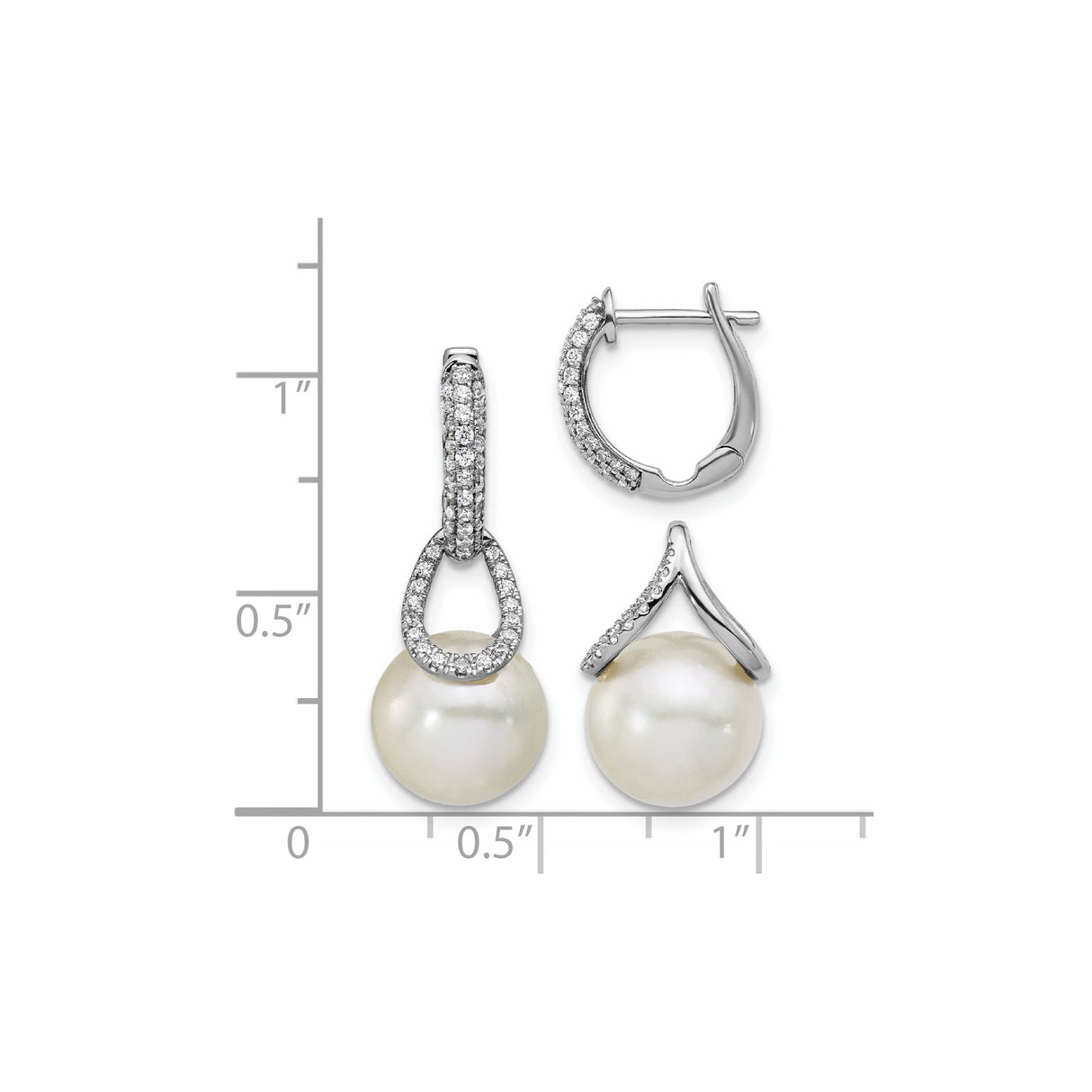 14k White Gold Dangle Earrings with White Pearls and Pavé Diamonds, Teardrop Design