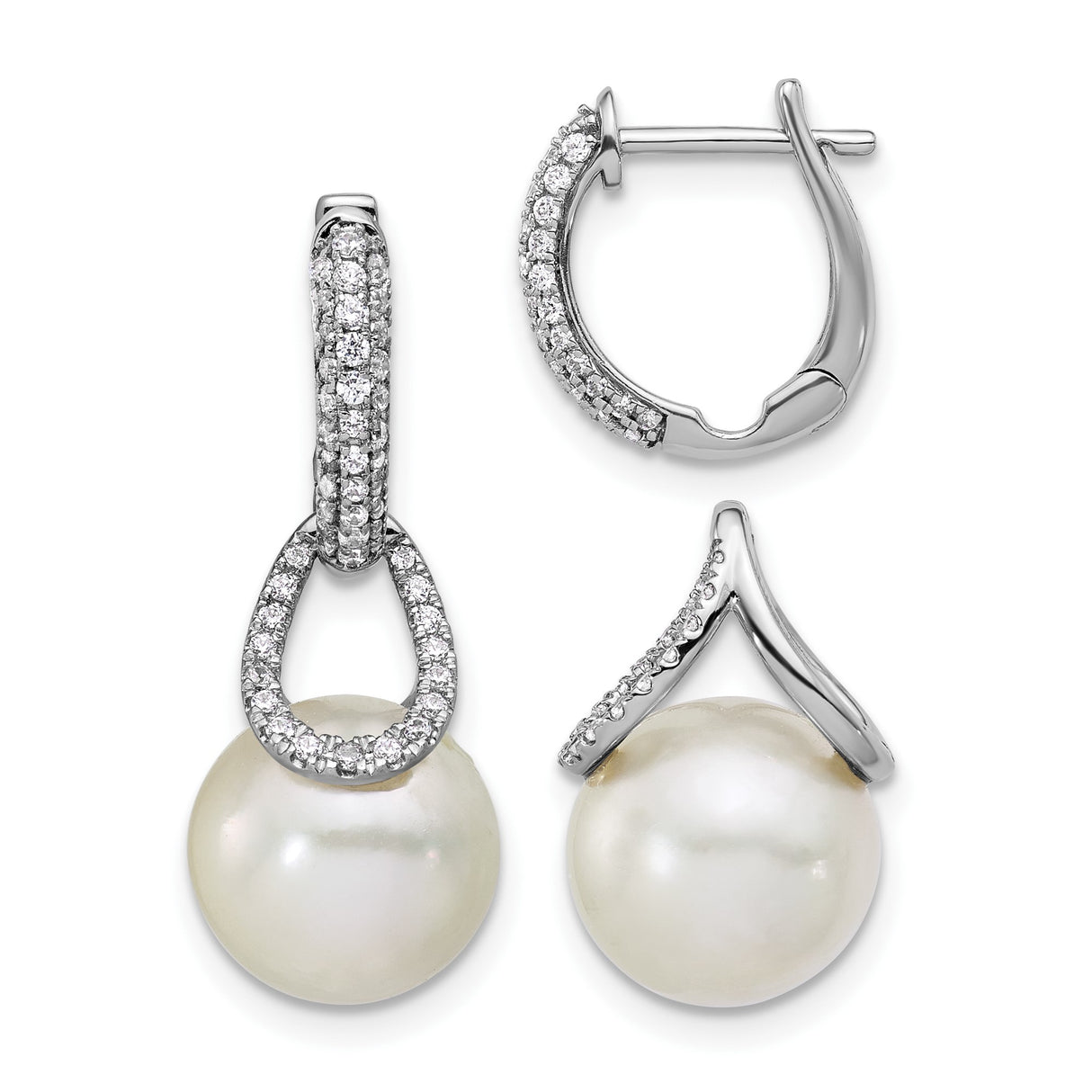 14k White Gold Dangle Earrings with White Pearls and Pavé Diamonds, Teardrop Design