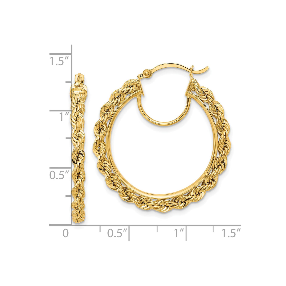 14k Yellow Gold Rope Hoop Earrings with Twisted Design and Polished Finish
