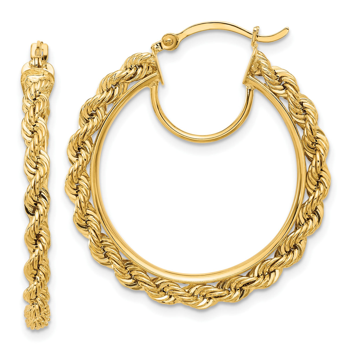 14k Yellow Gold Rope Hoop Earrings with Twisted Design and Polished Finish