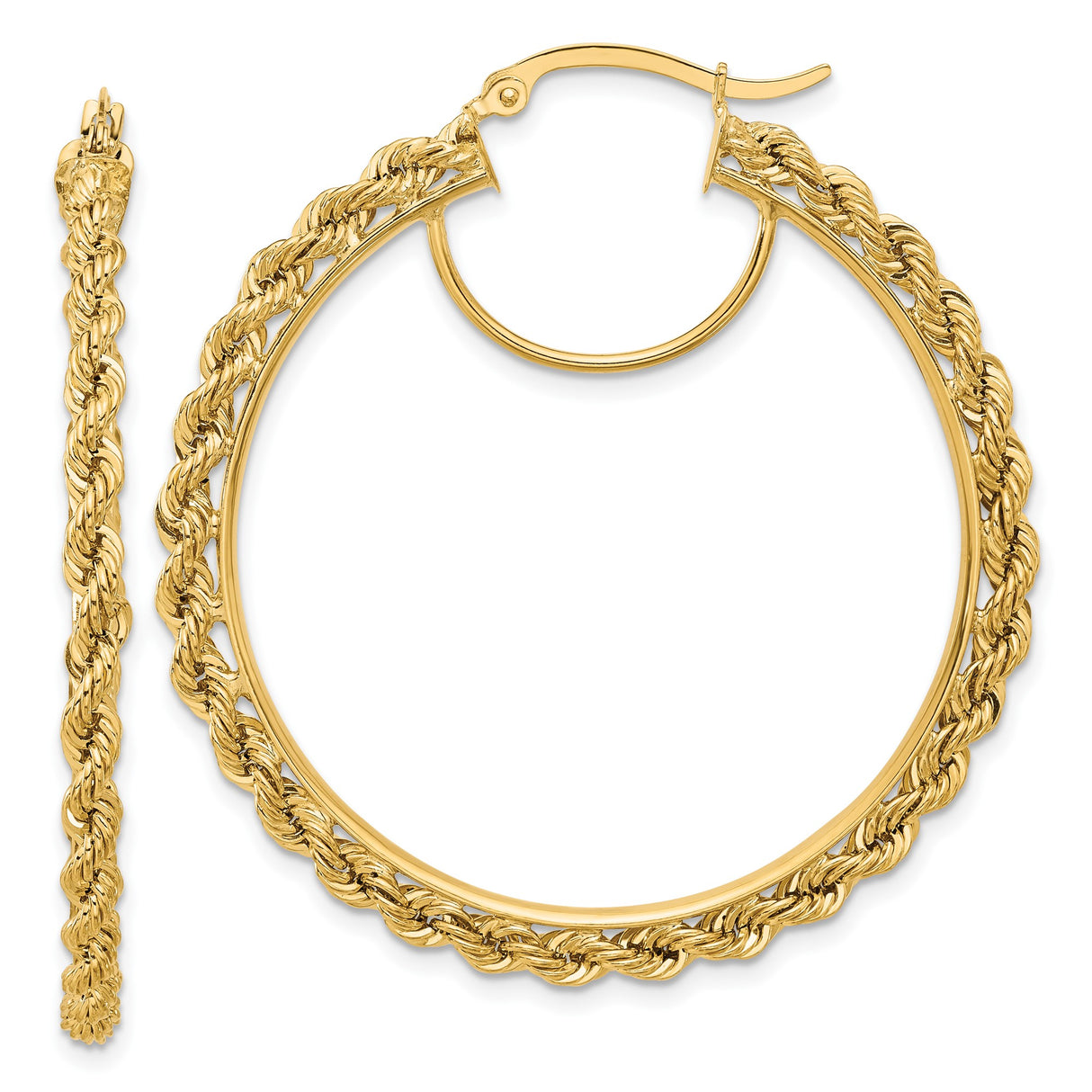 14k Yellow Gold Hoop Earrings with Classic Rope Twist Design, Polished Finish, Medium Size
