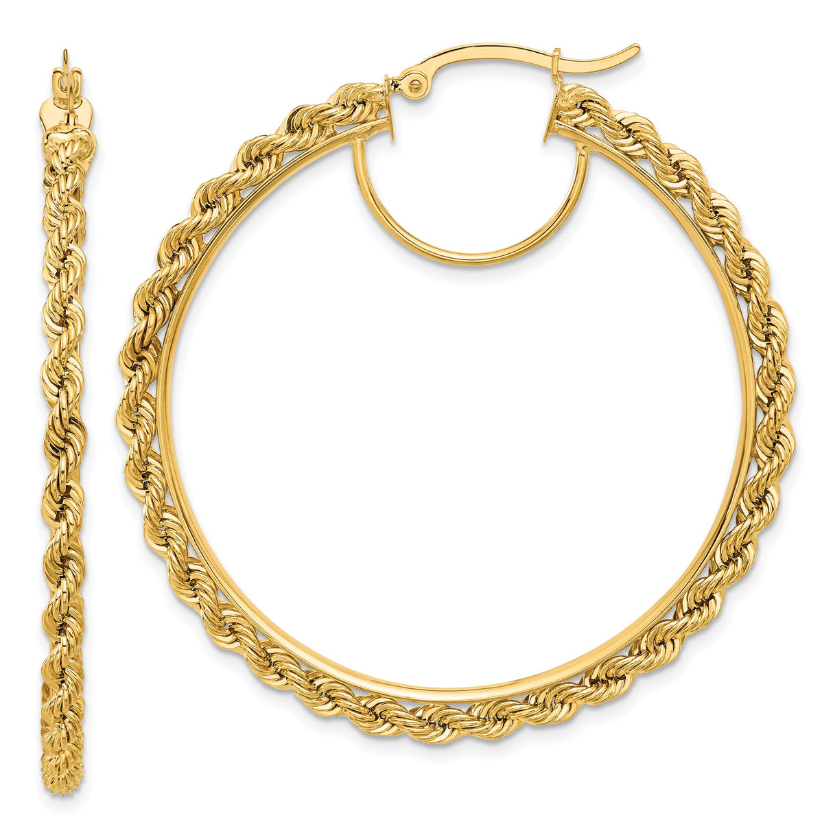 14k Yellow Gold Rope Hoop Earrings with Twisted Design, Large Textured Statement Hoops