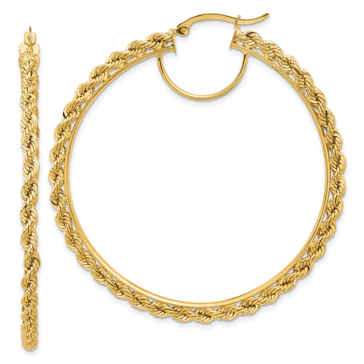 14k Yellow Gold Hoop Earrings, Twisted Rope Design, Classic Polished Medium Hoops for Women