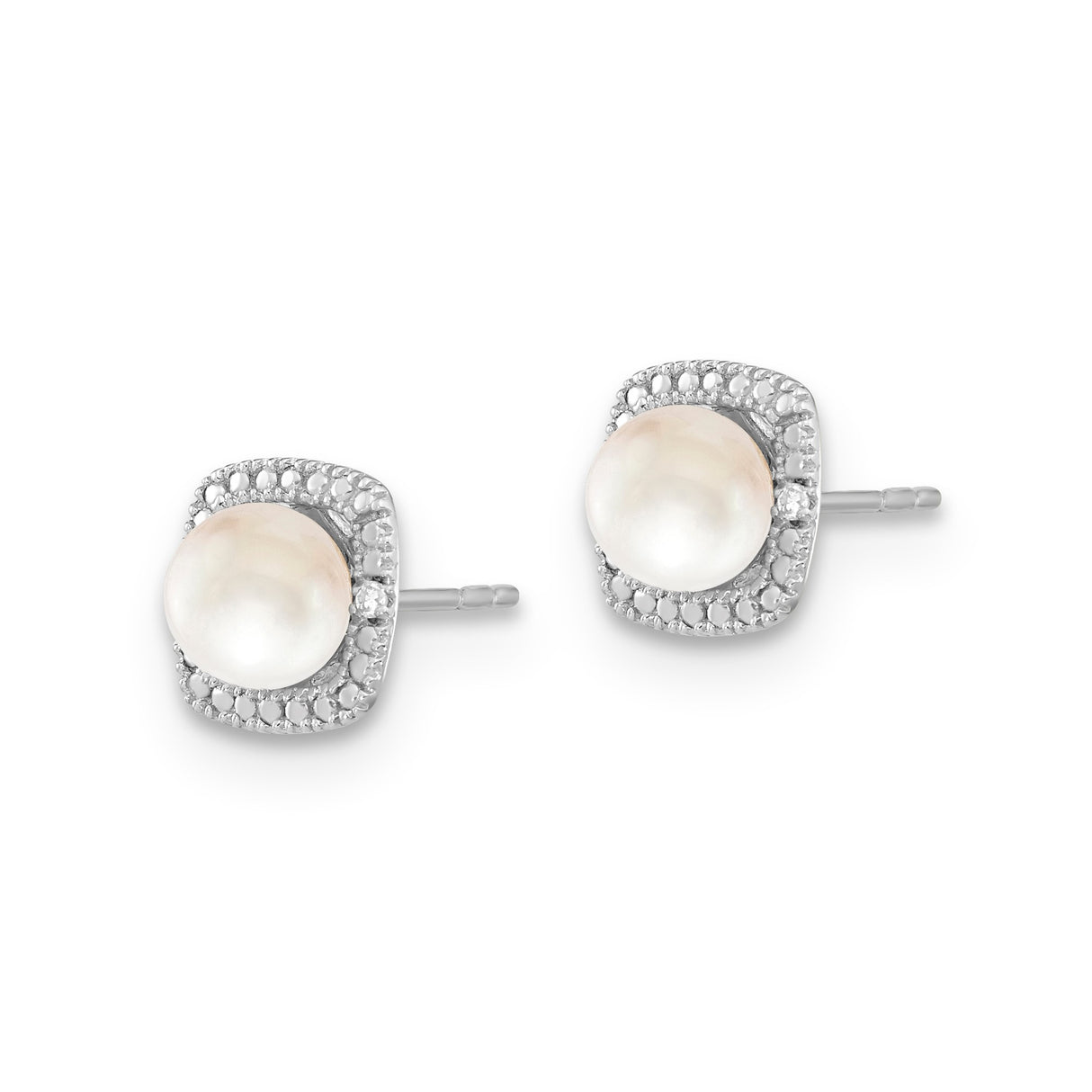 Sterling Silver Stud Earrings with Round White Pearls in Square Halo Setting