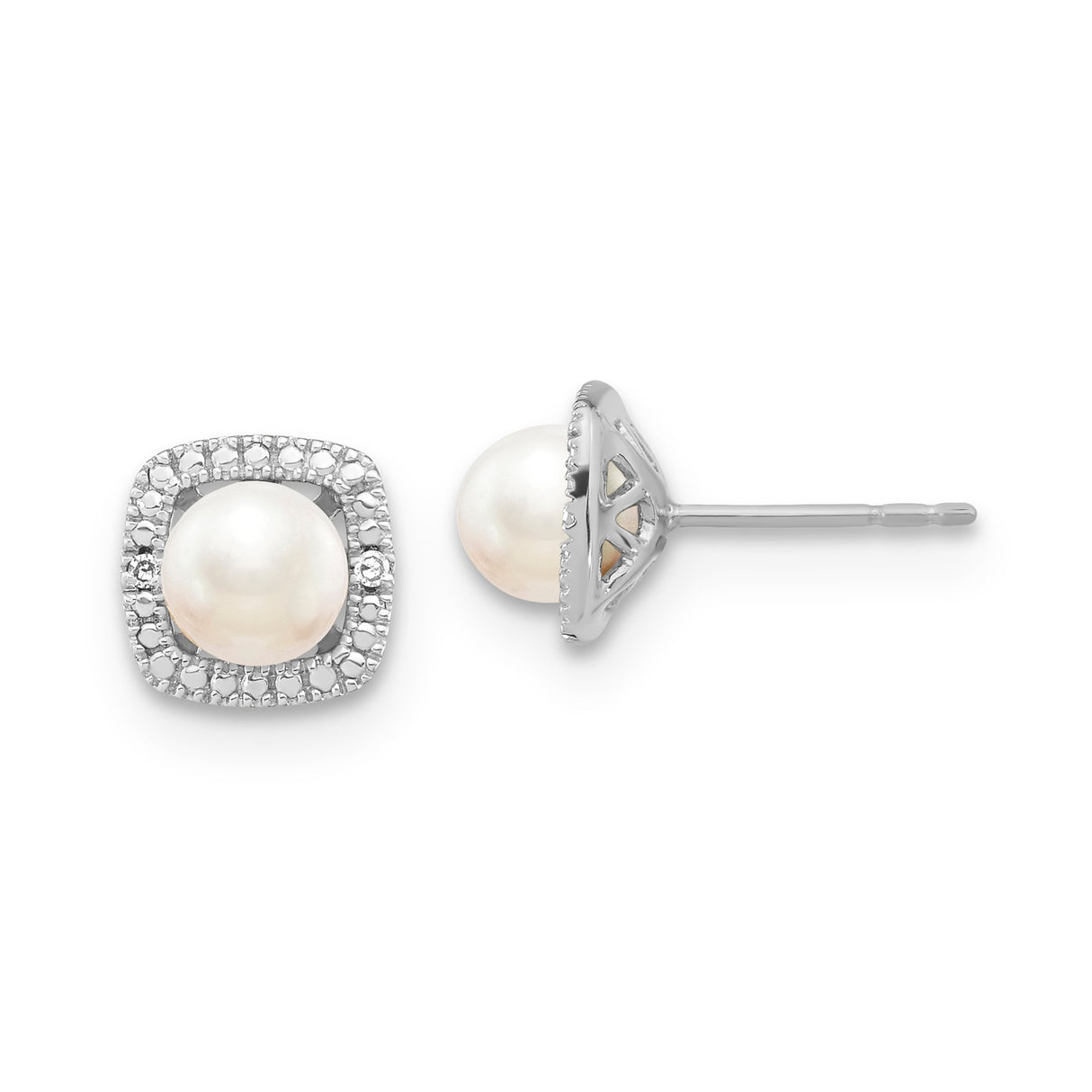 Sterling Silver Stud Earrings with Round White Pearls in Square Halo Setting