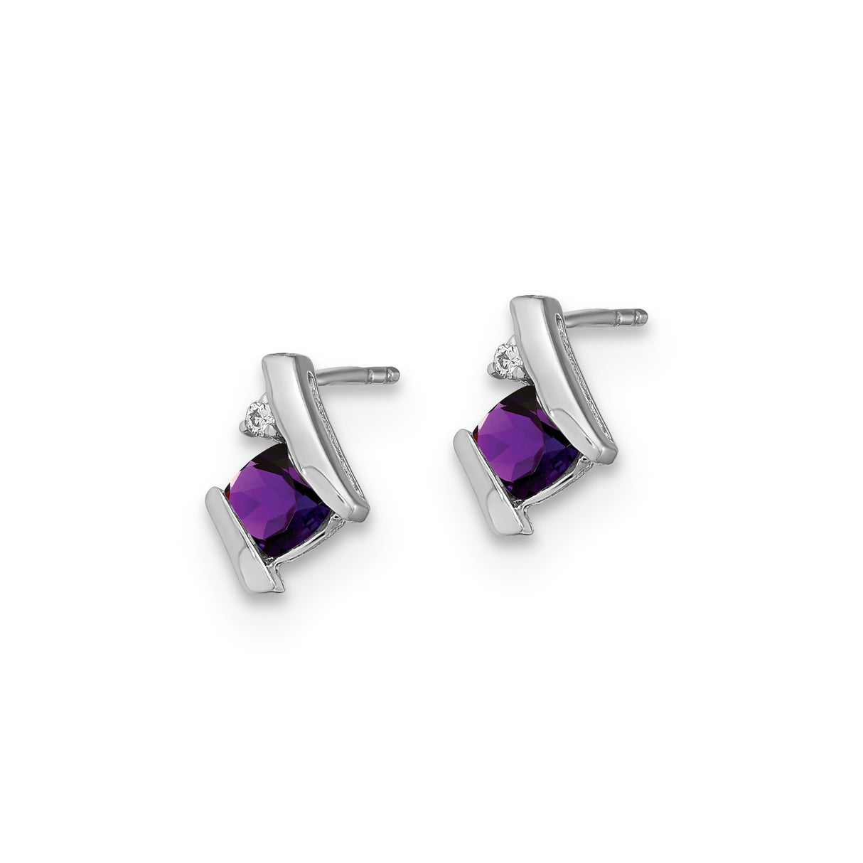 10k White Gold Stud Earrings with Square Cut Amethyst and Diamond Accent, Modern Design